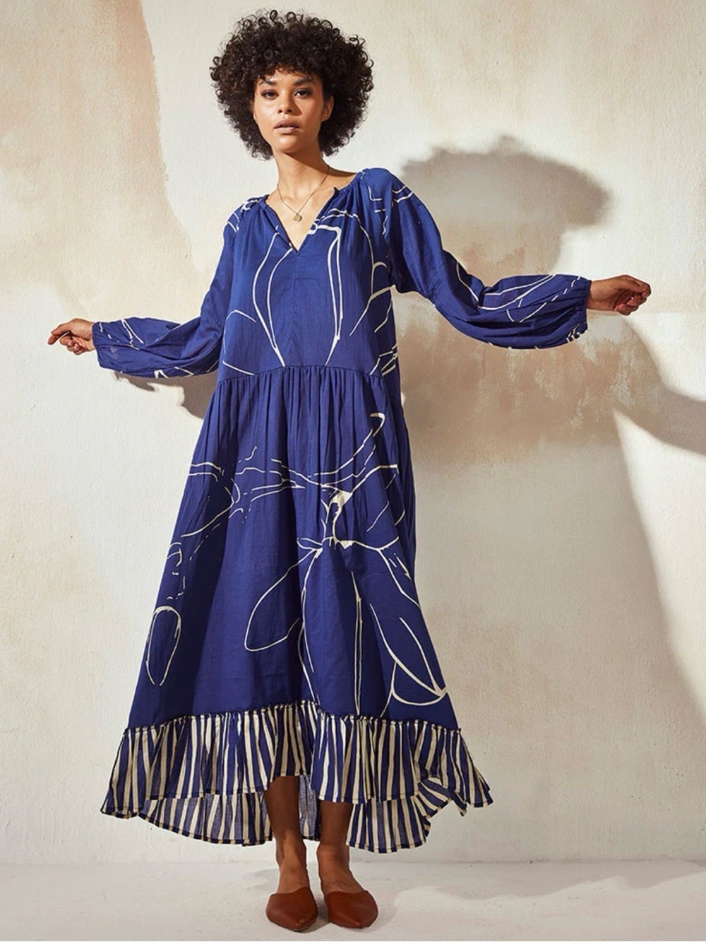 Khara Kapas Blueberry Maxi Dress with Striped Ruffle Hem Size Small Oversized